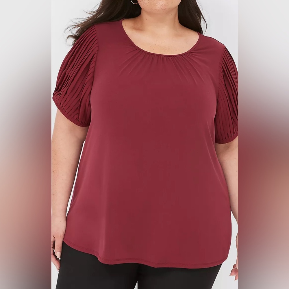 Lane Bryant Size 22/24 Burgundy Pleated Sleeve Scoop Neck Blouse